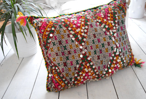 Vintage Moroccan Sequinned Berber Pillow Kilim Cushion