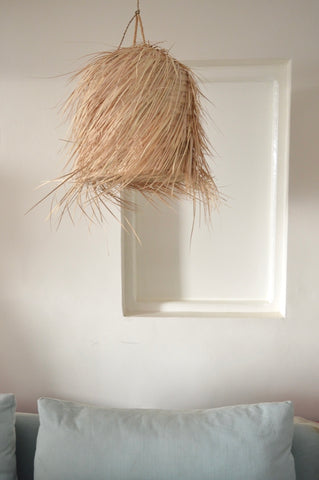 Moroccan Hand-woven Natural Raffia Hairy Large Dome Lampshade Pendant Light.