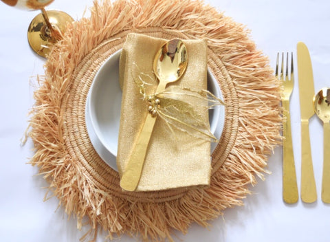 Moroccan Rattan Placemats Wedding Charger 45 cm Woven Raffia Fringe Set of Ten