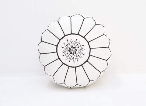 Moroccan Leather Pouf White with Black Stitching Leather Pouf