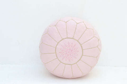 Moroccan Pouf Luxury Leather Pastel Pink Pouf with Embroidery