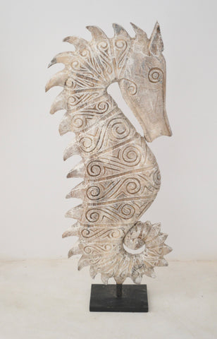 Sea Horse Huge White Washed Wood Sculpture with Iron Stand