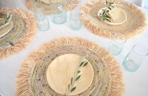 Large Luxury Moroccan Raffia Placemats Hand Woven Wedding Charger Raffia Fringe Set of Six