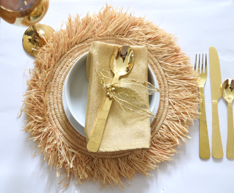 By Moroccan Rattan Placemats Wedding Charger 45 cm Woven Raffia Fringe Set of Twenty