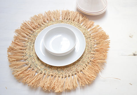 Large Moroccan Rattan Placemats Hand Woven Wedding Charger Raffia Fringe Set of Six