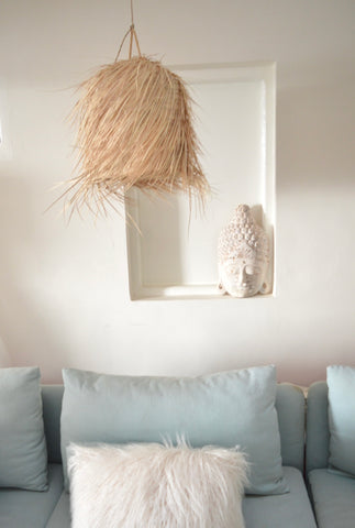 Moroccan Hand-woven Natural Raffia Hairy Large Dome Lampshade Pendant Light.