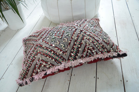 Vintage Sequinned Moroccan Berber Pillow Kilim Cushion