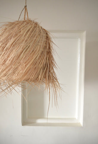 Moroccan Hand-woven Natural Raffia Hairy Large Dome Lampshade Pendant Light.