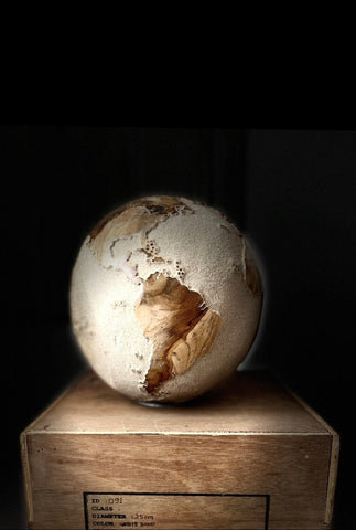 White Teak Wood & Volcanic Sand Globe 25 Cm By Bruno Helgen I D 091 Contemporary Wood Globe Sculpture
