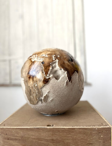 White Teak Wood & Volcanic Sand Globe 25 Cm By Bruno Helgen I D 091 Contemporary Wood Globe Sculpture