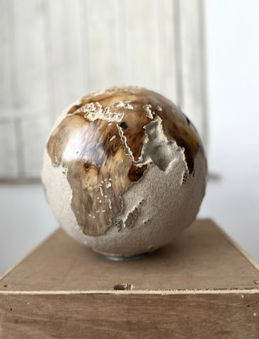 White Teak Wood & Volcanic Sand Globe 25 Cm By Bruno Helgen I D 091 Contemporary Wood Globe Sculpture
