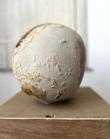 White Teak Wood & Volcanic Sand Globe 25 Cm By Bruno Helgen I D 091 Contemporary Wood Globe Sculpture