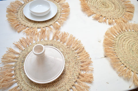 Large Moroccan Rattan Placemats Hand Woven Wedding Charger Raffia Fringe Set of Six