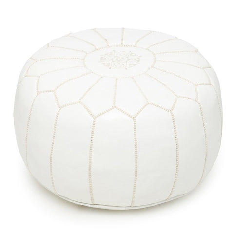 Moroccan Pouf Luxury Designer White Leather Pouf with Embroidery 