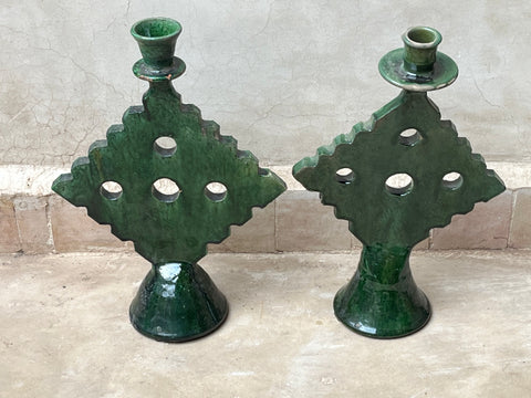 Tamegroute Candlesticks Set of Two Exclusive Green Glaze Berber Pottery