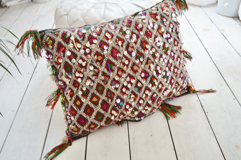 Vintage Moroccan Sequinned Berber Pillow Kilim Cushion Cover
