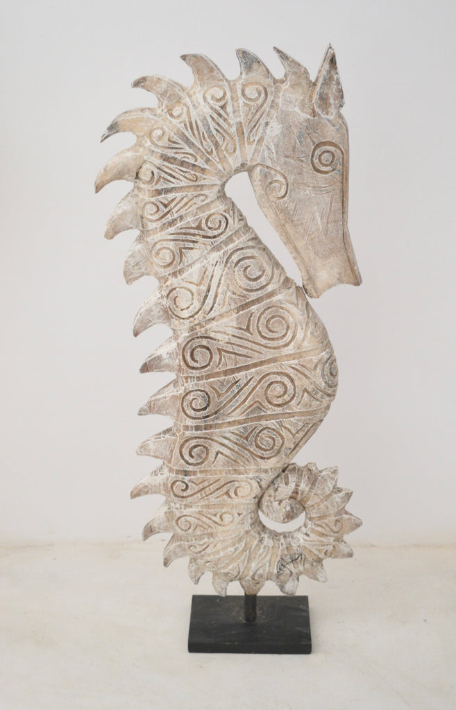 Sea Horse Huge White Wood Sculpture with Iron Stand