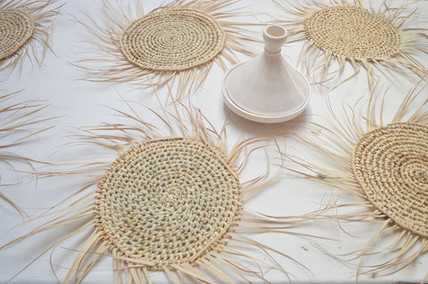 Moroccan Rattan Placemats and bread basket Woven Wedding Charger Raffia Fringe Set of Six
