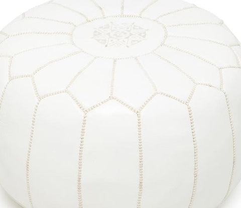 Moroccan Pouf Luxury Designer White Leather Pouf with Embroidery 