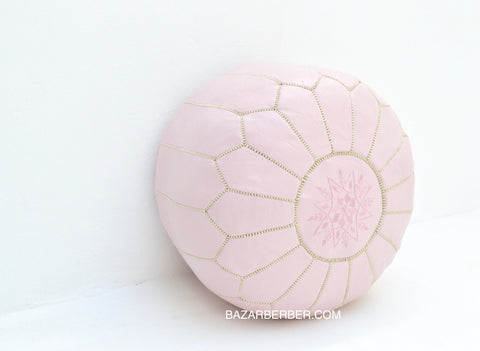 Moroccan Pouf Luxury Leather Pastel Pink Pouf with Embroidery