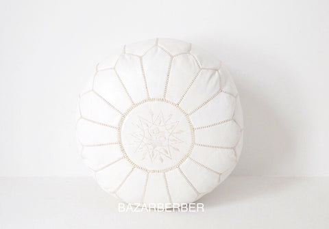 Moroccan Pouf Luxury Designer White Leather Pouf with Embroidery