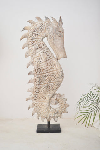 Sea Horse Huge White Wood Sculpture with Iron Stand