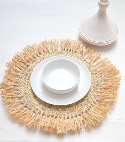 Large Moroccan Rattan Placemats Hand Woven Wedding Charger Raffia Fringe Set of Six