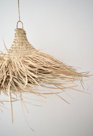Moroccan Hand-woven Natural Rattan Hairy Cone Lampshade Pendant Light.