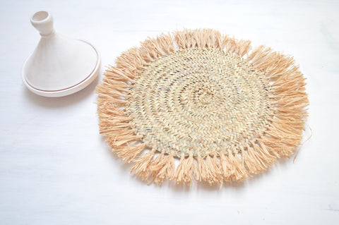Large Moroccan Rattan Placemats Hand Woven Wedding Charger Raffia Fringe Set of Six