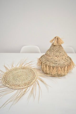 Moroccan Rattan Placemats and bread basket Woven Wedding Charger Raffia Fringe Set of Six