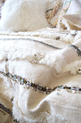 Vintage Moroccan Wedding Blanket Handira Throw Rug Coverlet